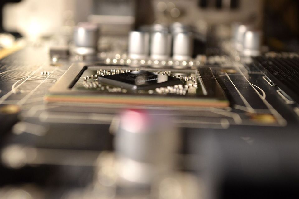 Close-up of a graphics processor mounted on a circuit board
