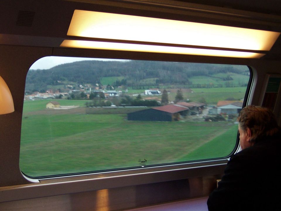 Green countryside seen through a train window